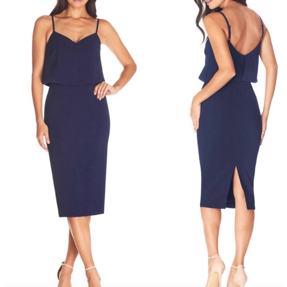 Dress the Population Medium Midnight Blue Alondra Blouson Tiered Sheath Formal
